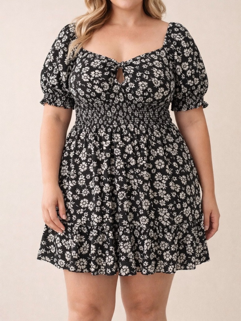 Dizzy Lizzy women’s size L Floral Mini Dress Puff Sleeve Bow Keyhole (E66)✨